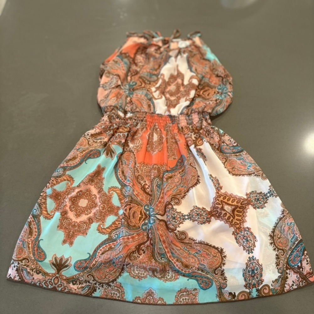 Sweet Storm Womens Paisley Halter‎ Mini Dress Coral Teal Smocked Waist Medium